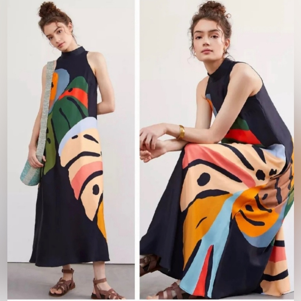 FARM Rio Halter Leaf Maxi Dress, Navy, Small Petite